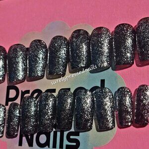 Soft Gel Black Silver Shimmer Short Square Press on Nails